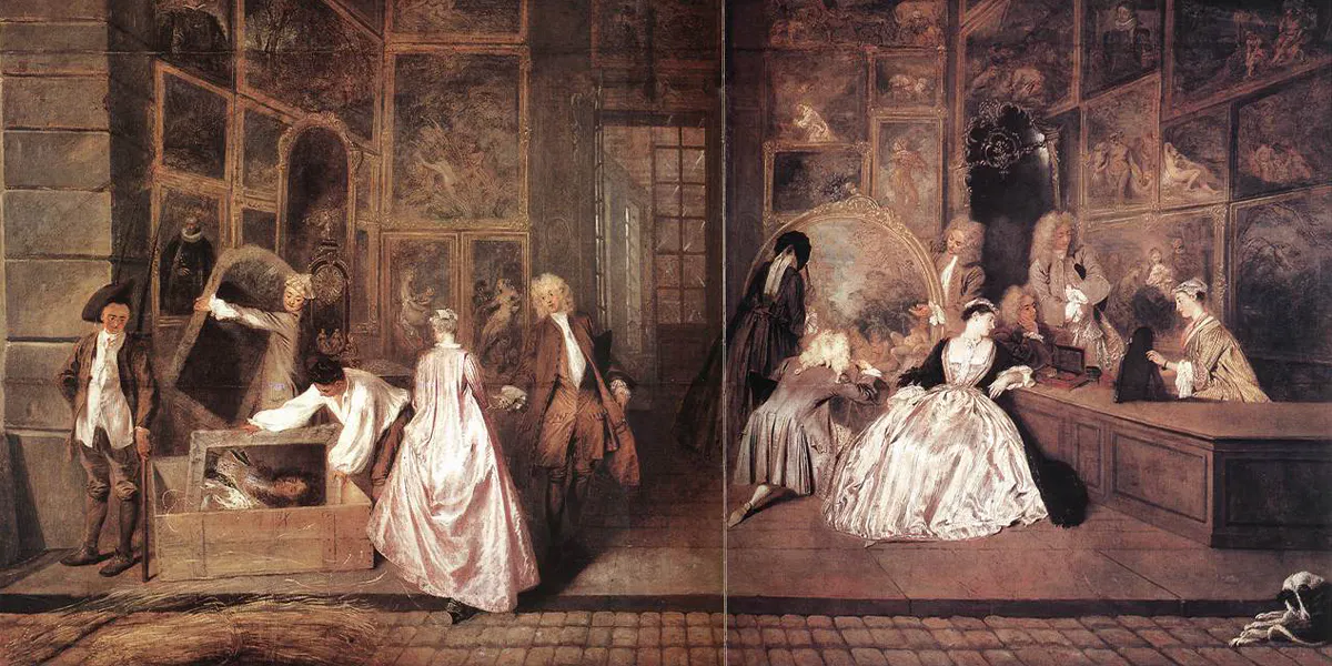 Antoine Watteaus "Das Ladenschild des Kunsthändlers Gersaint" (1720/21) war ursprünglich für das Geschäft des Marchand-merciers Edme-François Gersaint angefertigt worden. Heute wird es im Schloss Charlottenburg in Berlin ausgestellt. Foto gemeinfrei (Detail)