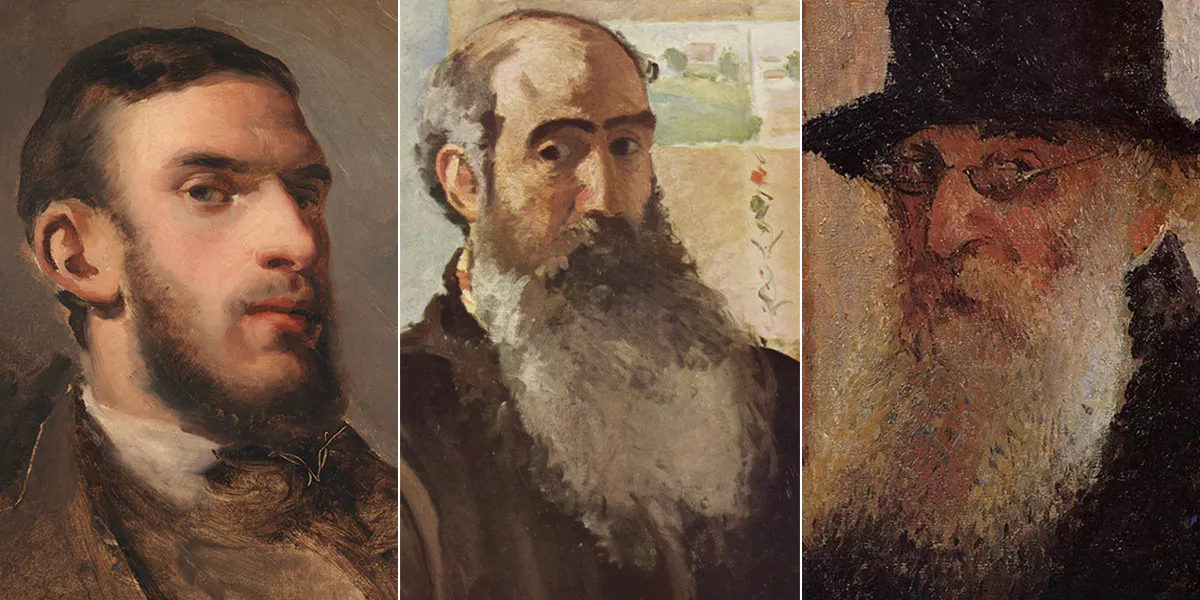 Links: Camille Pissarro (1830-1903), Selbstporträt, 1857/58, Öl/Lwd., 31 x 28,5 cm, Statens Museum for Kunst, Kopenhagen. Foto gemeinfrei (Detail). Mitte: Camille Pissarro (1830-1903), Selbstporträt, 1873, Öl/Lwd., 55,5 x 46 cm, Musée d'Orsay, Paris. Foto gemeinfrei (Detail). Rechts: Camille Pissarro (1830-1903), Selbstporträt mit Hut, 1903, Öl/Lwd., 41 x 33 cm, Tate Britain, London. Foto gemeinfrei (Detail)