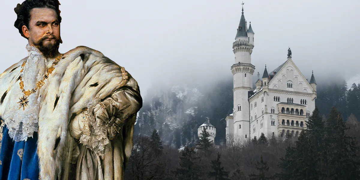Vorne: Gabriel Schachinger (1850-1912), Porträt Ludwigs II. von Bayern als Großmeister des Hausritterordens vom Heiligen Georg, 1887, Öl/Lwd., Schloss Herrenchiemsee. Foto gemeinfrei (Detail). Hinten: Schloss Neuschwanstein. Foto von Anelale Nájera (Detail)