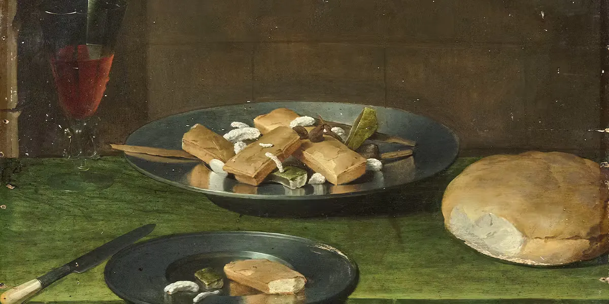 Lubin Baugin (1610 Pithiviers - 1663 Paris), Nature morte aux financiers, vers 1630, signée, huile sur bois, 46,5 x 60 cm. Photo ©Vichy Enchères - Image : Studio Sebert (détail)