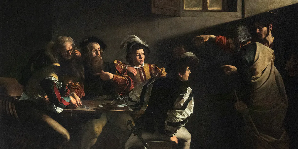 Michelangelo Merisi da Caravaggio (1571 Mailand - 1610 Porto Ercole), Die Berufung des Heiligen Matthäus, 1599/1600, Öl/Lwd., 340 x 322 cm, San Luigi dei Francesi, Rom. Foto CC0 (Detail)