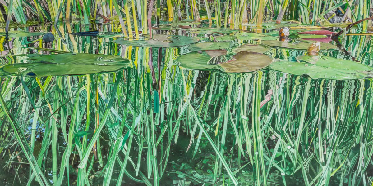 Johannes Schramm (*1965 München), Stilles Grün, 2023, signiert, datiert und betitelt, Öl/Lwd., 120 x 160 cm. Foto © Auktionshaus Stahl (Detail)