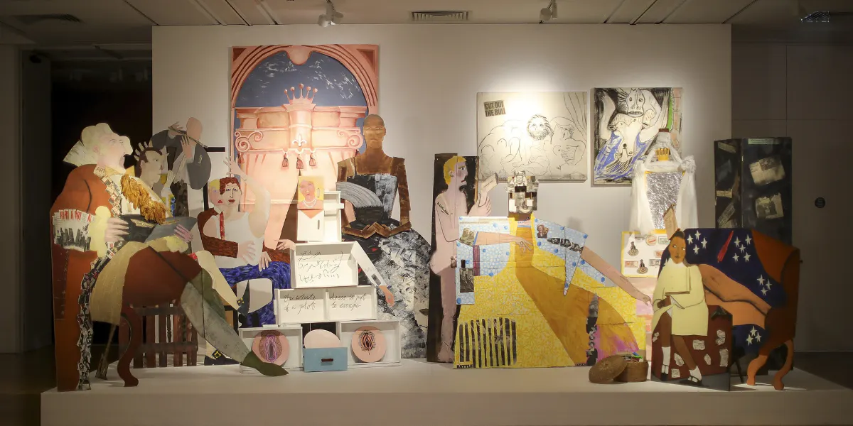 HULL, ENGLAND - SEPTEMBER 25: A Fashionable Marriage, 1987, by Lubaina Himid, during a press preview for the 2017 Turner Prize at The Ferens Art Gallery on September 25, 2017 in Hull, England. An exhibition of work by the four artists shortlisted for Turner Prize 2017 - Hurvin Anderson, Andrea Butner, Lubaina Himid and Rosalind Nashashibi- will be at The Ferens Gallery from September 26, 2017 until January 7, 2018, with the winner being announced on December 5, 2016, in Hull, 2017 UK City of Culture. (Photo by Christopher Furlong/Getty Images) (detail)