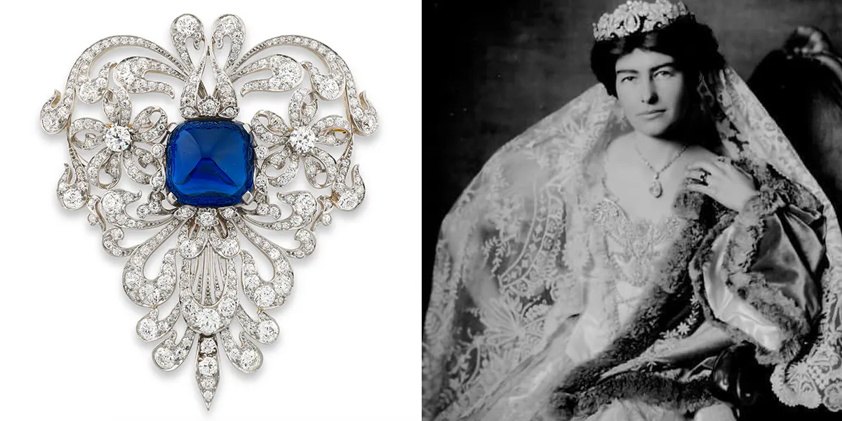 A sinistra: Tiffany & Co., “The Vanderbilt Sapphire”, eccezionale spilla con zaffiro e diamanti, inizio XX secolo. Zaffiro Kashmir Sugarloaf del peso di 42,68 ct, colore “Royal Blue”. Stima: 1.000.000-1.500.000 $ / 800.000-1.200.000 CHF. Foto © Phillips. A destra: Gladys Vanderbilt, contessa Széchényi, con indosso una tiara Cartier all'incoronazione dell'imperatore Carlo e dell'imperatrice Zita d'Austria nel 1916. Foto © Phillips