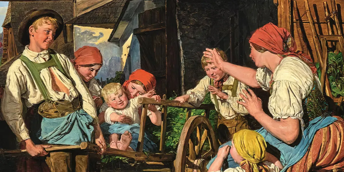 Ferdinand Georg Waldmüller (1793 Vienne - 1865 Hinterbrühl), La première sortie de Hansl (Retour des enfants), signé et daté, huile sur bois, 63 x 79 cm, encadré. Photo © Dorotheum (détail)