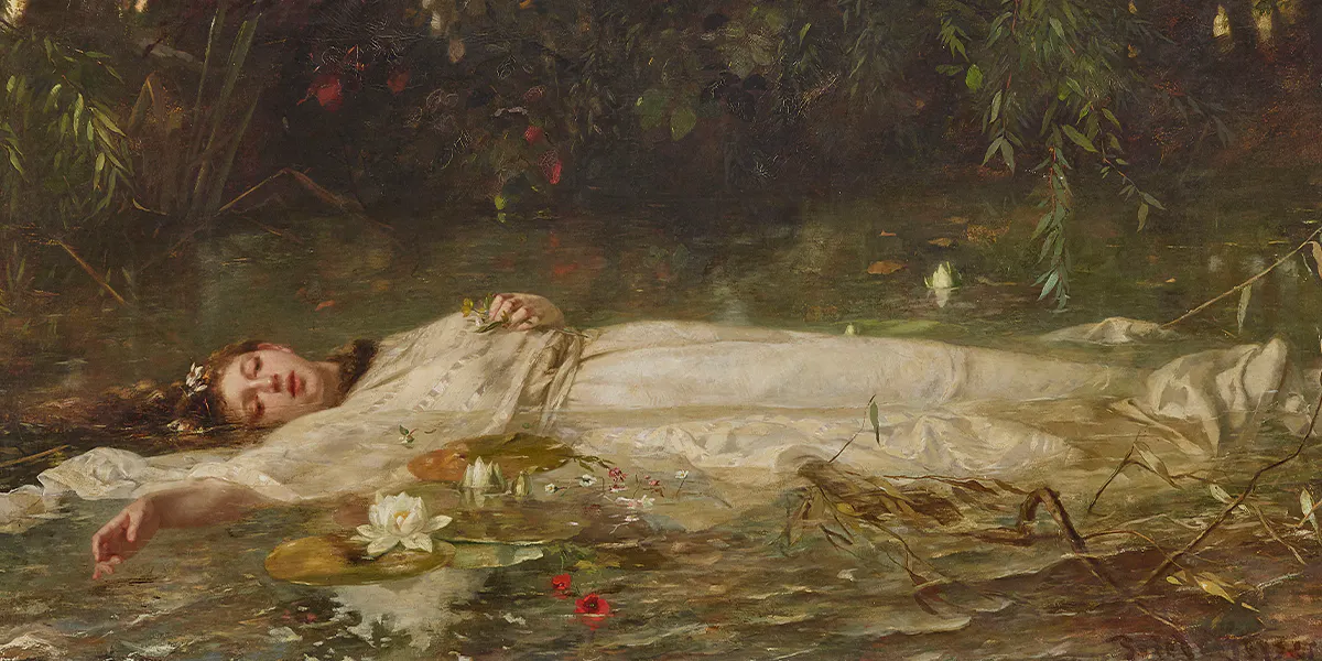 Friedrich Wilhelm Theodor Heyser (1857-1921), Ophelia, um 1900, Öl/Lwd., 90.5 x 181,5 cm, Museum Wiesbaden, Wiesbaden. Foto gemeinfrei (Detail)