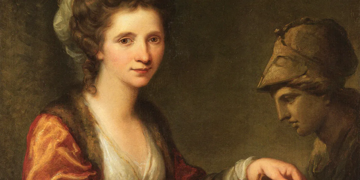 Angelika Kauffmann (1741-1807), Selbstbildnis mit Büste der Minerva, um 1784, Öl/Lwd., 93 x 76,5 cm, Bündner Kunstmuseum Chur. Foto gemeinfrei (Detail)