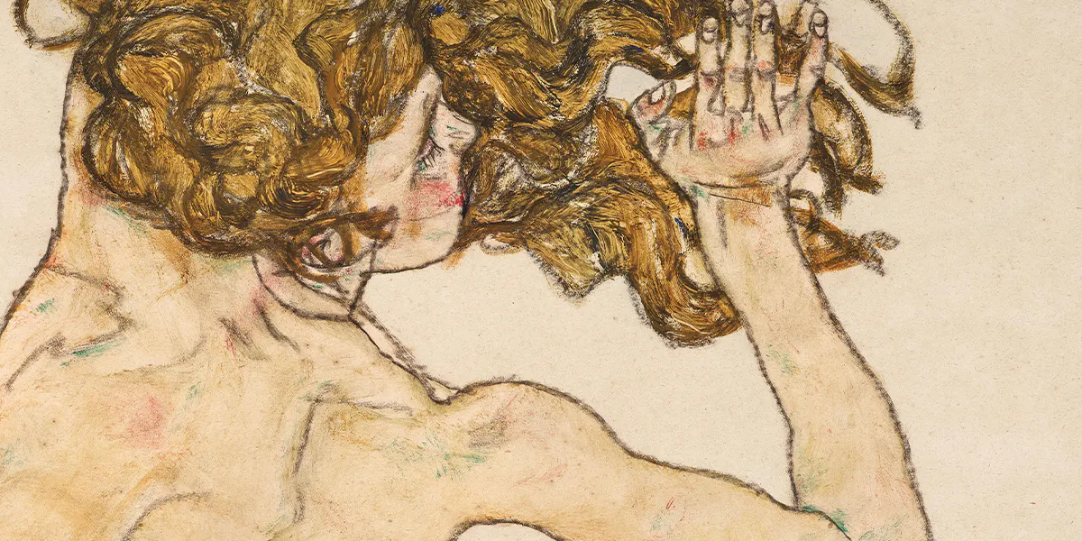 Egon Schiele (1890 Tulln - 1918 Vienna), Nudo accovacciato, di spalle, firmato e datato EGON SCHIELE 1917, iscrizione manoscritta Szerena Lederer sul retro, guazzo e pastello nero su carta, 29,5 x 45 cm. Foto © Dorotheum (dettaglio)