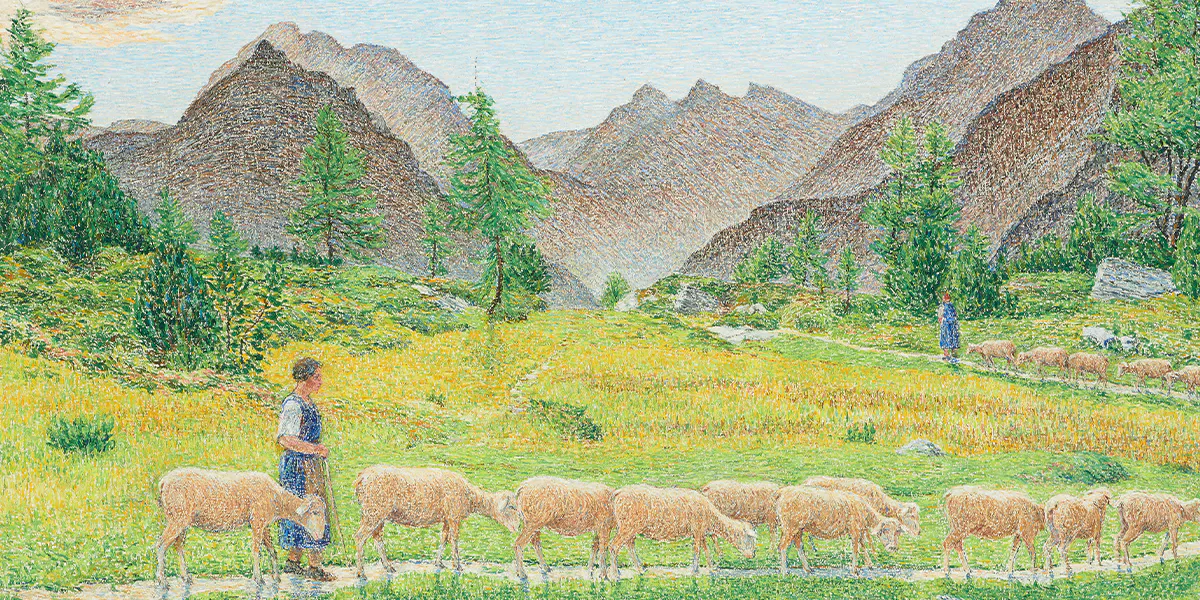 Gottardo Segantini (1882 Pusiano - 1974 Maloja), Malojapass mit Hirten und Schafherde, 1955/56, signiert und datiert, Öl/Pavatex, 74 x 90 cm, gerahmt. Foto © Schuler Auktionen (Detail)