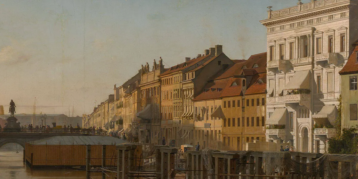 Eduard Gaertner (1801 Berlin - 1877 Zechlin), Die Lange-Brücke von den Mühlen aus gesehen (Berlin), 1856, firmato, olio su tela, 57,5 ​​x 116 cm, con cornice. Foto © Grisebach (dettaglio)