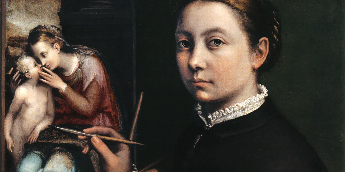 Sofonisba Anguissola (1532–1625), Self-Portrait at the Easel, 1556, oil on canvas, 66 x 57 cm, Łańcut Castle. Photo in the public domain (detail)