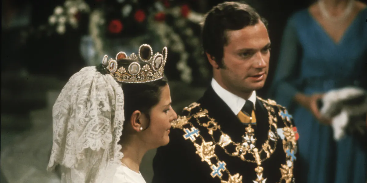 June 22, 1976: King Carl Gustaf of Sweden at his wedding to Silvia Sommerlath in Stockholm Cathedral. (Photo: Keystone/Getty Images) (detail)