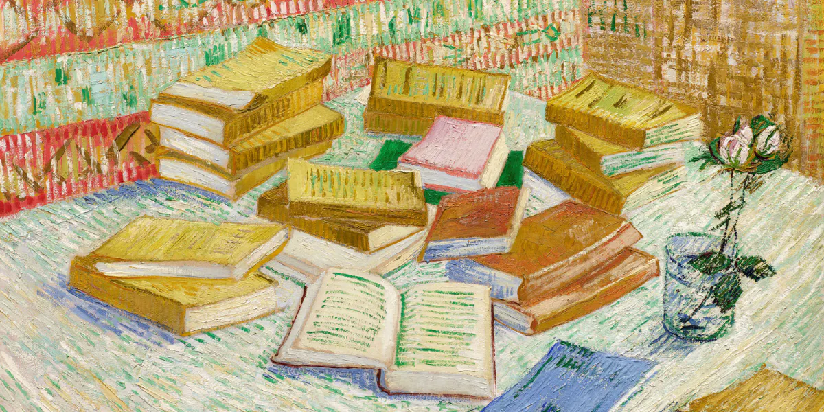 Vincent van Gogh (1853–1890), Piles de romans parisiens et roses dans une verre (Romanzi parigini), 1887, olio su tela. Foto © Sotheby's (dettaglio)