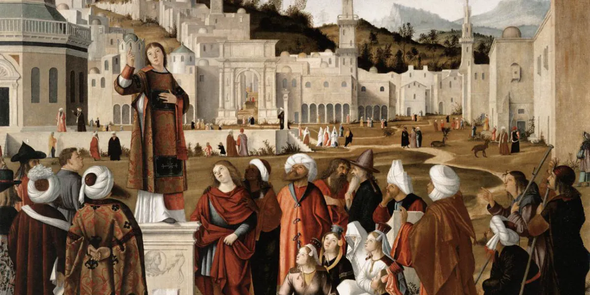 Vittore Carpaccio (1465-1526), Die Predigt des heiligen Stephanus, 1514, Tempera/Lwd., 152 x 195 cm, Musée du Louvre, Paris. Foto gemeinfrei (Detail)