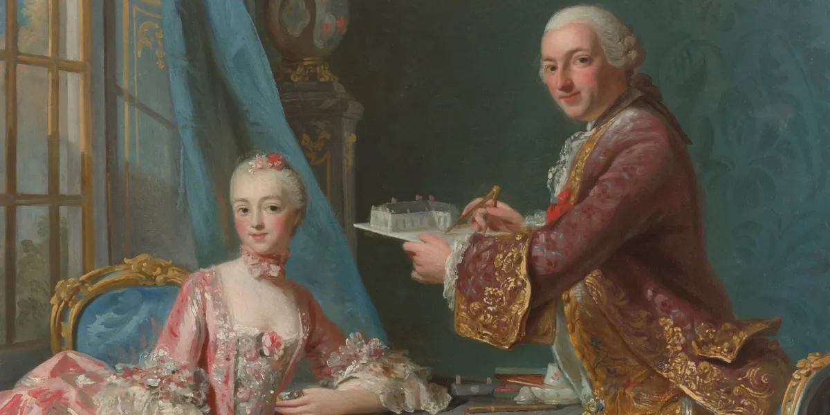 Alexander Roslin (1718–1793), Porträt des Architekten Jean-Rodolphe Perronet (1708-1794) und seiner Frau, sitzend an einem Tisch mit Architekturmodellen, eine Skizze, Öl/Lwd., 33 x 40,9 cm. Foto © Christie’s (Detail))