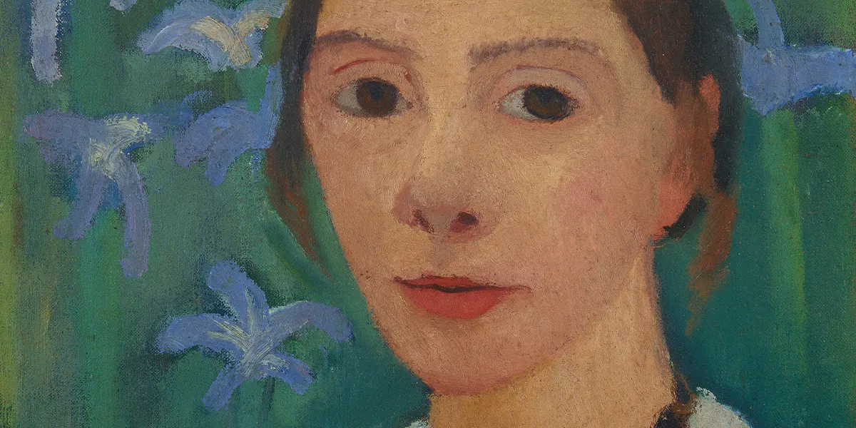 Paula Modersohn-Becker (1876-1907), Self-Portrait against a Green Background with Blue Iris, 1900-07, oil on canvas. Photo in the public domain (detail)