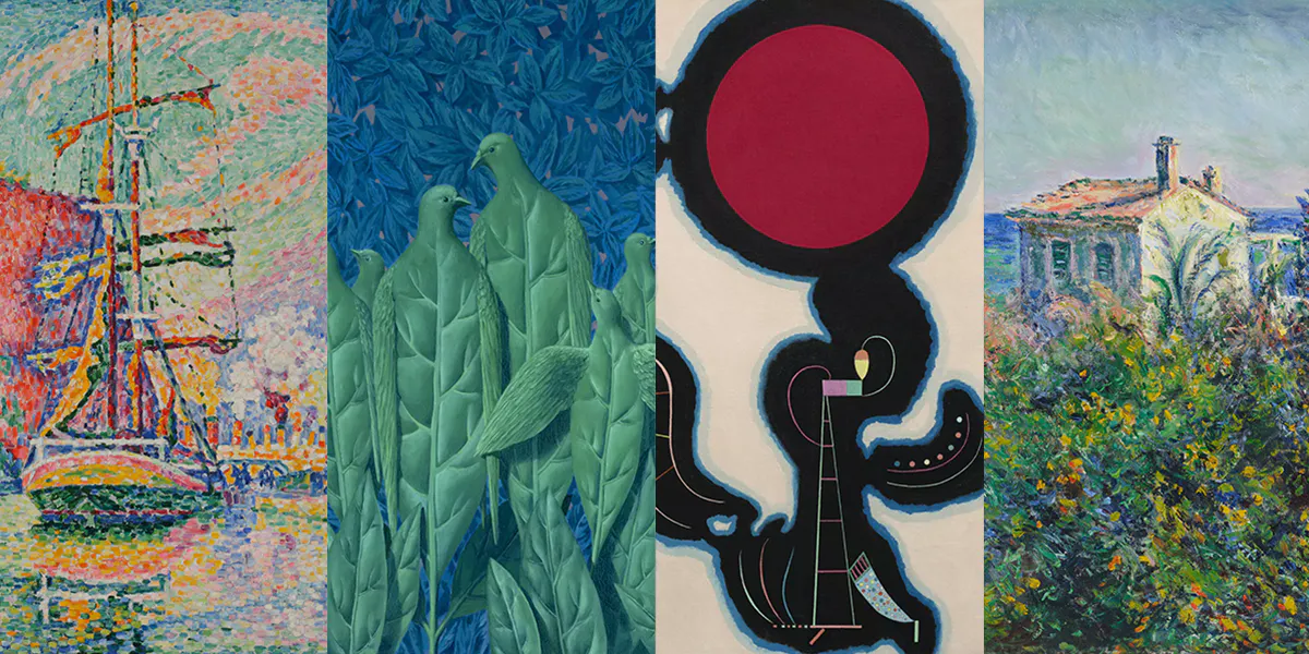 From the left: Paul Signac, Marseille. Le Port, 1934. Photo © Sotheby's (detail); René Magritte, Les grâces naturelles, ca. 1961. Photo © Christie's (detail); Wassily Kandinsky, Le rond rouge, 1939. Photo © Christie's (detail); Claude Monet, Maison de jardinier, 1884. Photo © Sotheby's (detail)