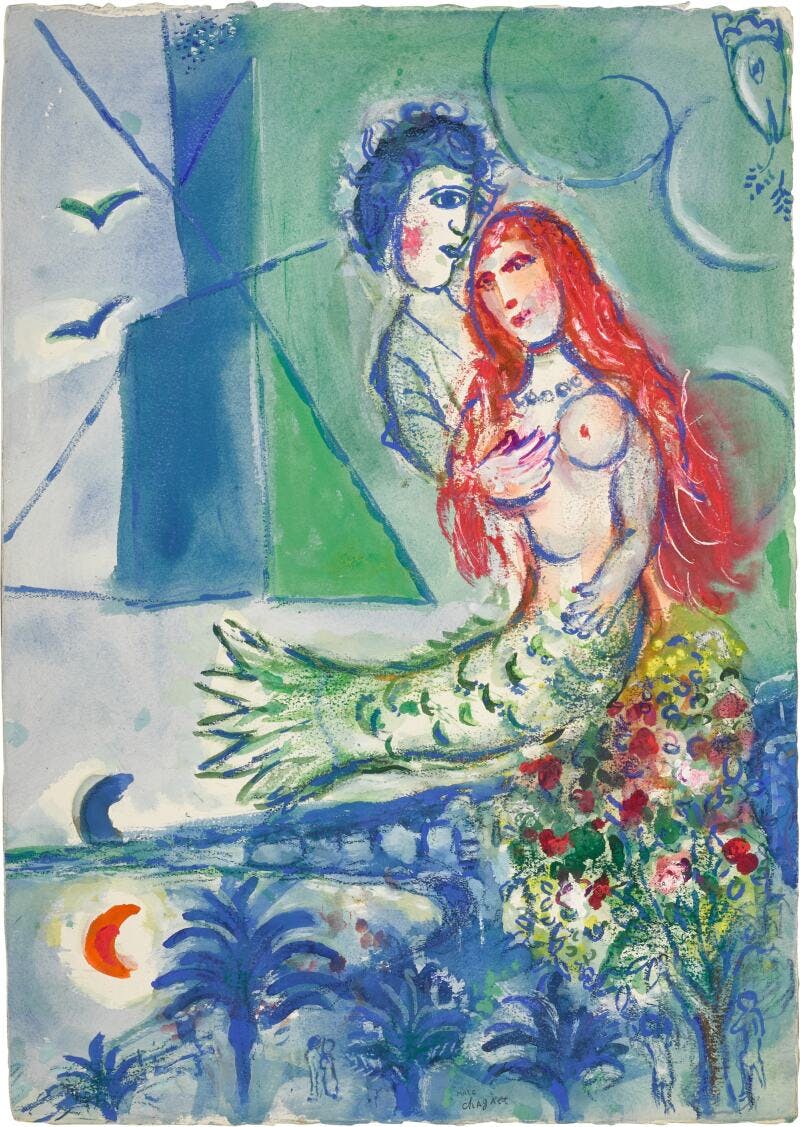 Marc Chagall, Sirène au poète, preparatory gouache for the lithograph Sirène au poète, stamp Marc Chagall (centre), gouache and pastel on paper, 77.5 x 54.6cm, 1960. Photo © Sotheby's