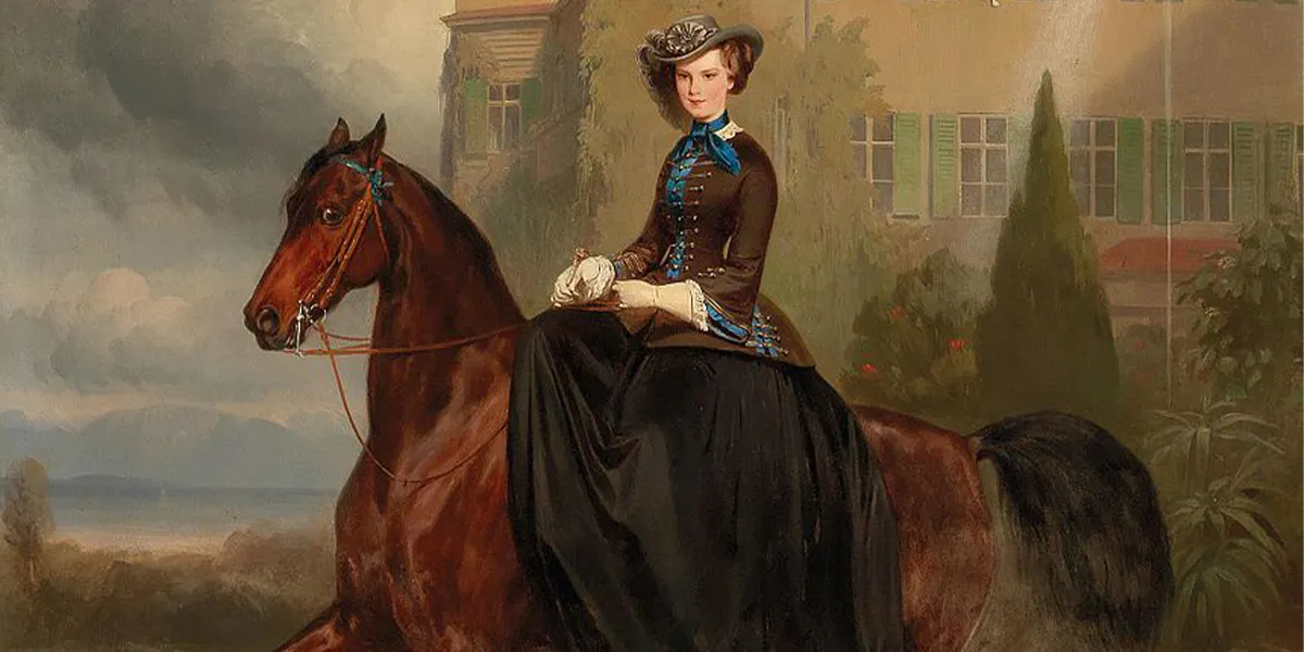 Ritratto equestre di Elisabetta di Baviera a cavallo all'età di 15 anni, al castello di Possenhofen, 1853. Immagine di dominio pubblico (dettaglio)