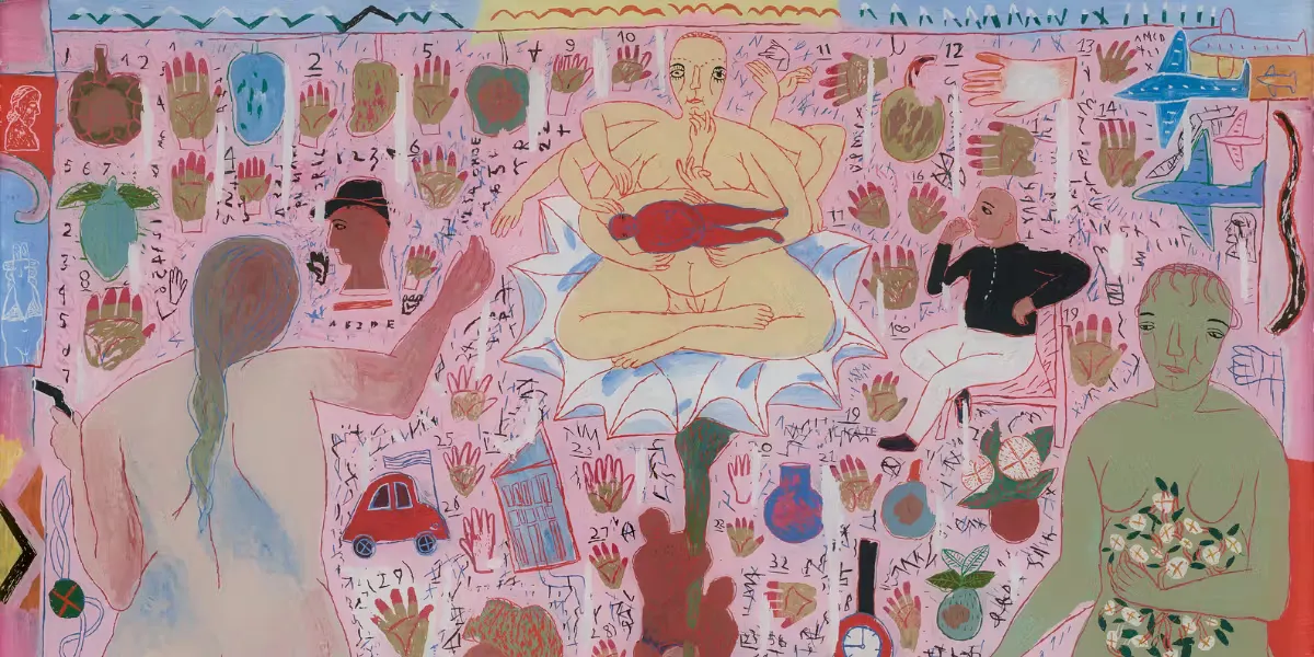 Arpita Singh, Feminine Fables, 1996, peinture inversée à l'acrylique sur feuille acrylique. Photo © Christie's (détail)