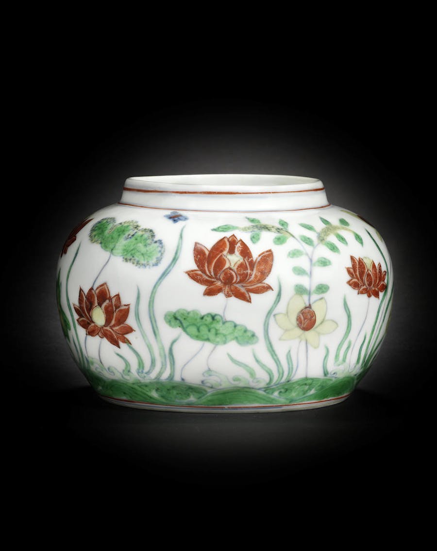 An extremely rare and important doucai ‘lotus pond’ jar, Chenghua six character mark and of the period (1465-1487). Image © Bonhams 