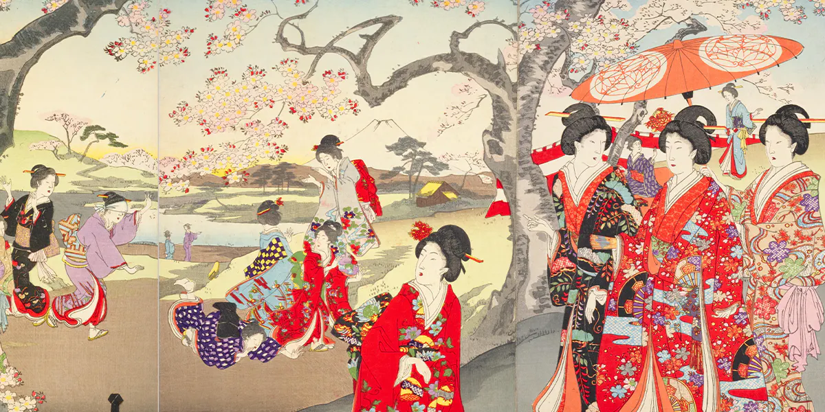Toyohara Chikanobu, Kirschblütenbetrachten im Frauenquartier in Chiyoda (Chiyoda Ōoku Ohanami), 1894. Foto gemeinfrei (Detail)