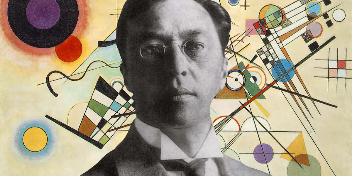 Porträtfotografie von Wassily Kandinsky vor "Komposition VIII" aus dem Jahr 1923. Fotos gemeinfrei (Details, Collage)
