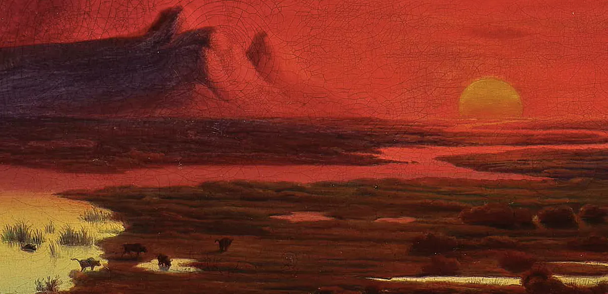 August Kopisch (1799 Breslau - 1853 Berlin), Die Pontinischen Sümpfe bei Sonnenuntergang, 1845, Öl/Lwd., signiert und datiert, 62 x 111 cm. Foto © Neumeister (Detail)