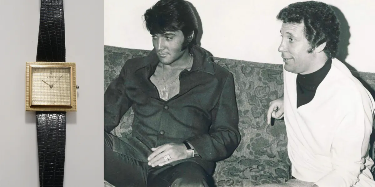 Vänster: Elvis Presleys Corum-klocka, cirka 1960. Höger: Elvis Presley med Corum-klockan. Foton: Sworders