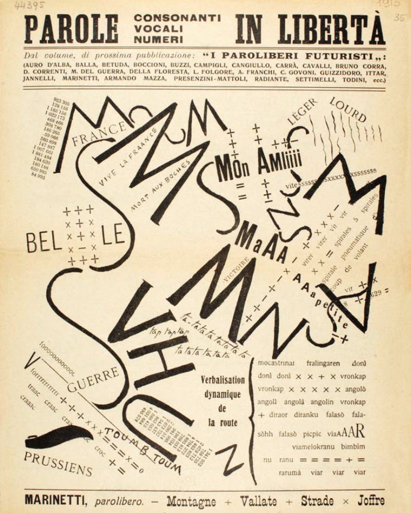 Filippo Tommaso Marinetti, an example of parole in libertà: ‘Montagne + Vallate + Strade x Joffre’, 1915. Photo in the public domain 