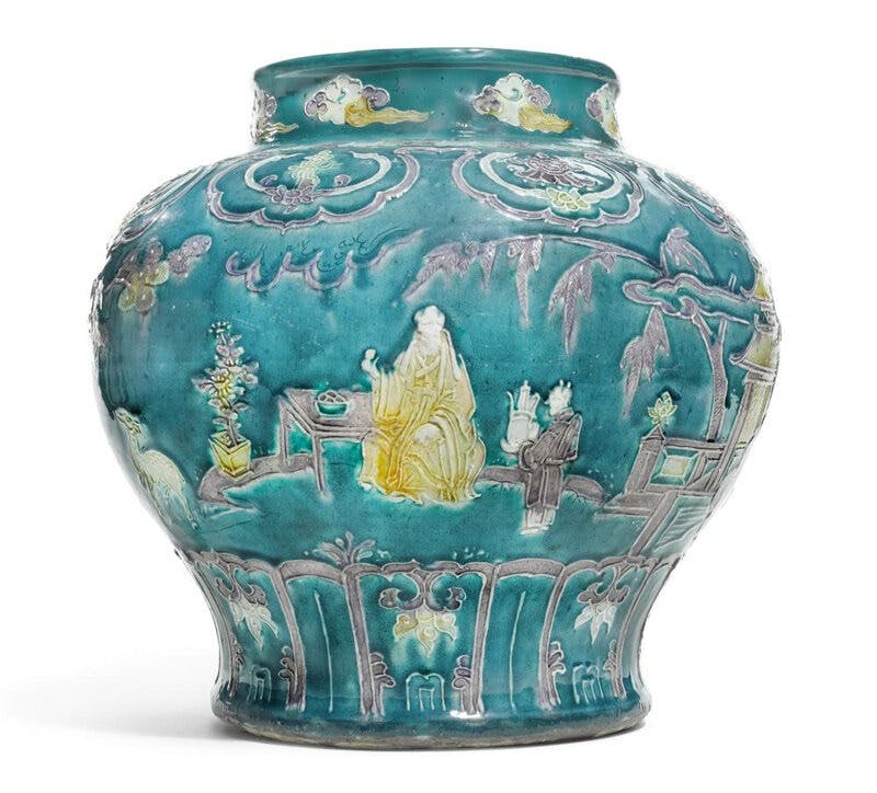 A turquoise-glazed Fahua jar, late Ming dynasty (1368-1644), 31.6cm., 12 3/8in. Image © Sotheby’s