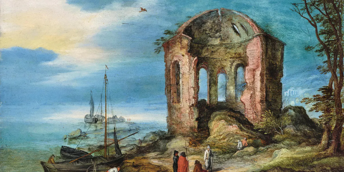 Jan Brueghel il Vecchio (1568 Bruxelles - 1625 Anversa), Scena costiera con figure vicino a una rovina, olio su rame, 12,3 x 17,3 cm, con cornice. Foto © Dorotheum (dettaglio)