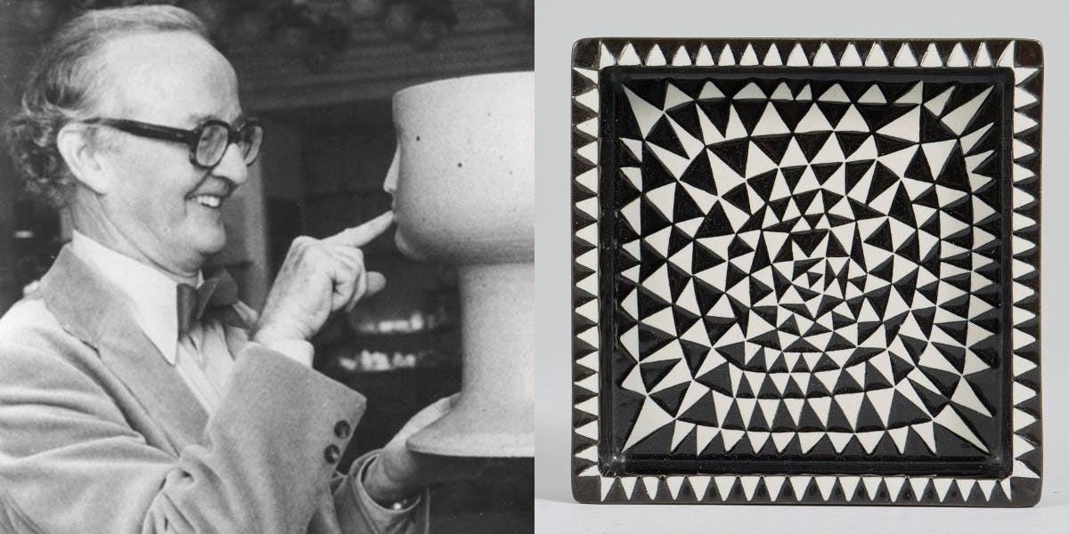 Left: Stig Lindberg, 1967. Photo public domain (detail). Right: Ashtray from Stig Lindberg's 'Domino' series. Photo © Metropol Auctions