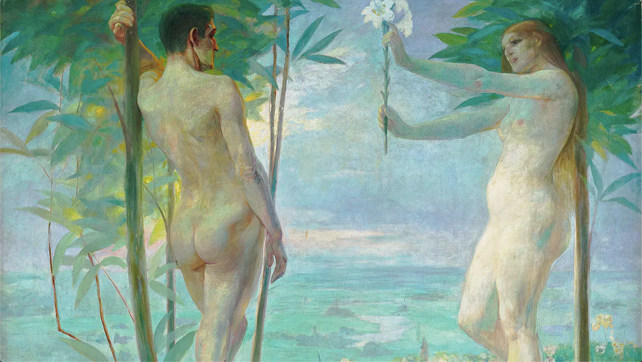 Julius Exter (1863 Ludwigshafen - 1939 Übersee-Feldwies), Adam und Eva, Öl/Lwd., signiert, 1893 | Foto: © Neumeister (Detail)