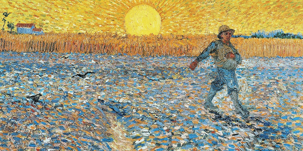 Vincent van Gogh, The Sower, Arles, June 1888, oil / canvas, 64 x 80.5 cm, Kröller-Müller Museum, Otterlo. Photo in the public domain (detail)