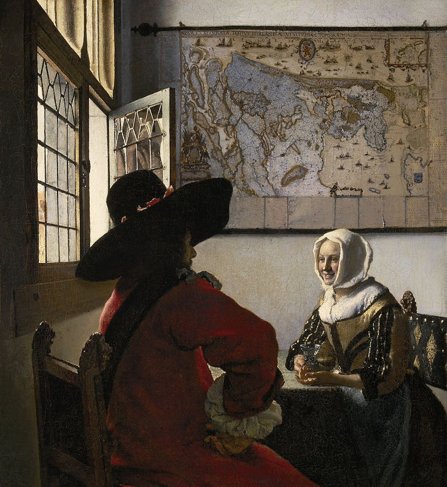 Jan Vermeer, Officer and Laughing Girl, 1657, oil on canvas, 50.48 cm × 46.04 cm, Frick Collection, New York. Image in the public domain