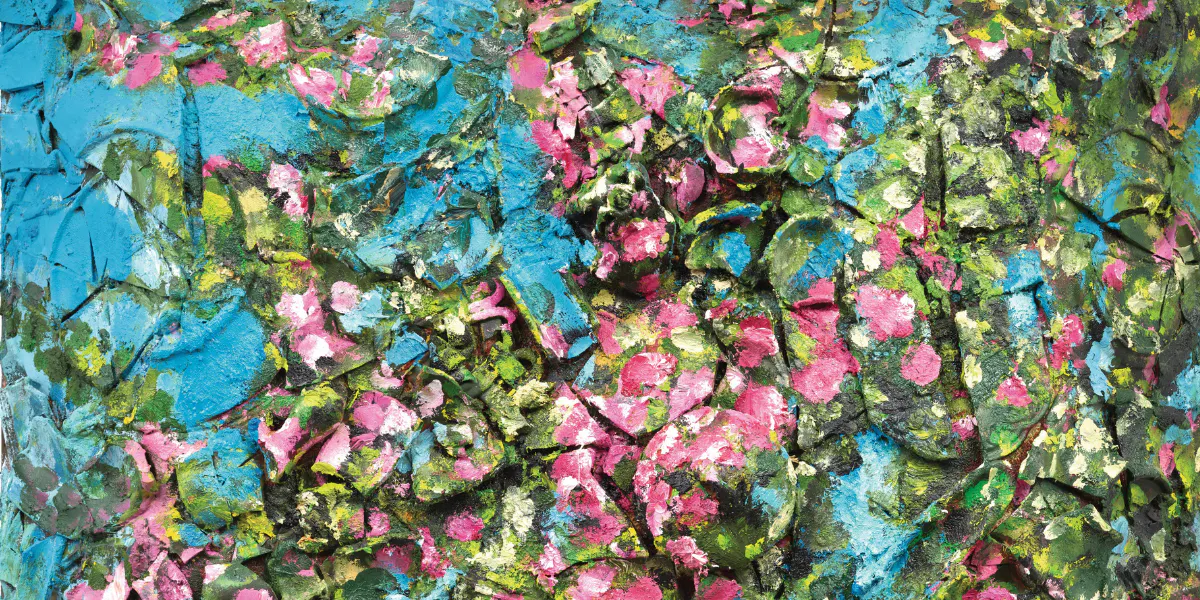 Julian Schnabel (*1951 New York City), Ohne Titel (aus der Serie „Victory Plate Paintings“), 2022, Öl, Keramikplatten und Spachtelmasse auf Aluminium, 121,9 × 91,4 x 20 cm. Foto © Dorotheum (Detail)
