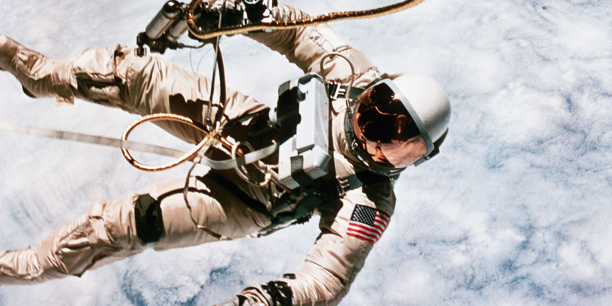The first spacewalk in US history was made by astronaut Edward H. White during the Gemini 4 mission, on June 3, 1965. (Photo by Jim McDivitt/NASA/Roger Ressmeyer/Corbis/VCG via Getty Images) (detail)