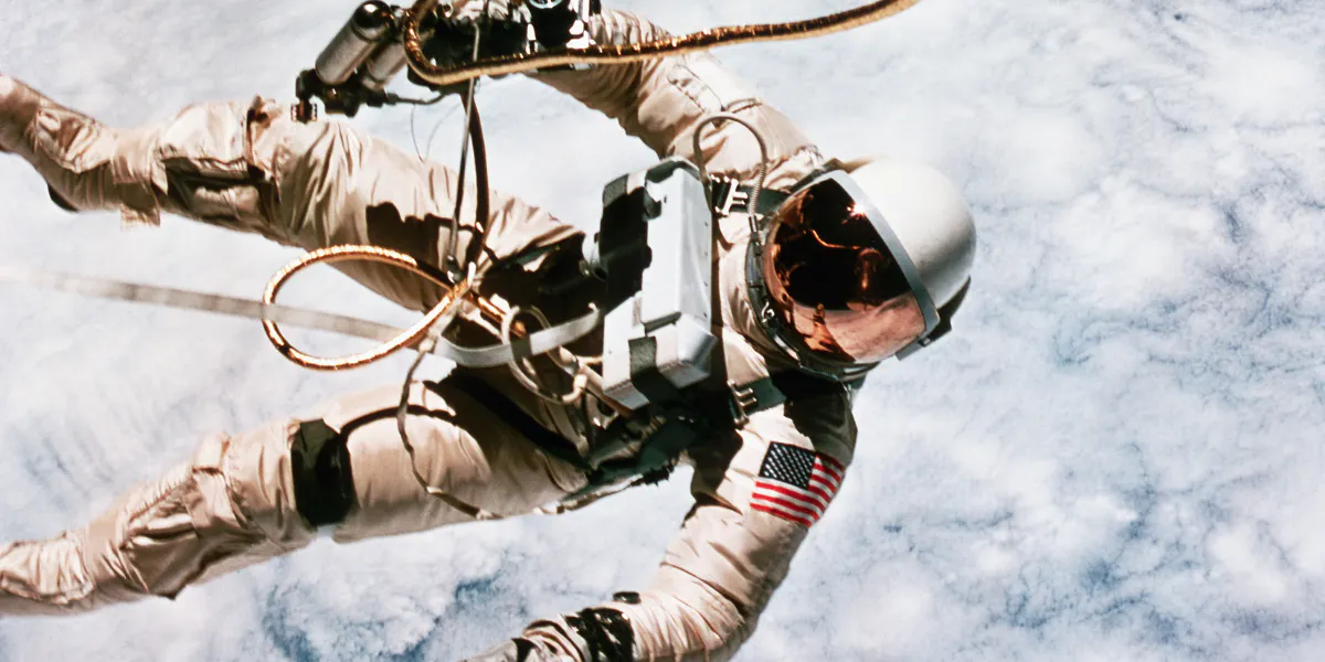 The first spacewalk in US history was made by astronaut Edward H. White during the Gemini 4 mission, on June 3, 1965. (Photo by Jim McDivitt/NASA/Roger Ressmeyer/Corbis/VCG via Getty Images) (detail)