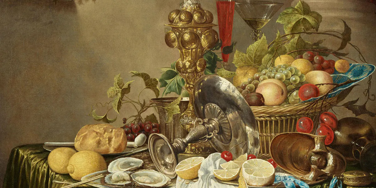 Jan Davidsz. de Heem (1606-1684), Sontuosa natura morta con oggetti d'argento, una ciotola Wanli con frutta, ostriche su un piatto d'argento e un liuto in primo piano, olio su tela (rintelata), 118,7 x 96 cm. Foto © Lempertz (dettaglio)