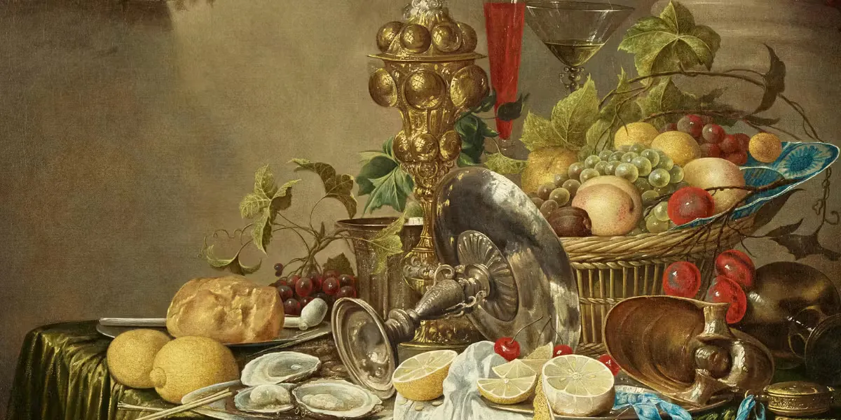 Jan Davidsz. de Heem (1606-1684), Nature morte somptueuse avec des pièces d'argenterie, un bol Wanli garni de fruits, des huîtres sur une assiette en argent et un luth au premier plan, huile sur toile, 118,7 x 96 cm. Photo © Lempertz (détail)