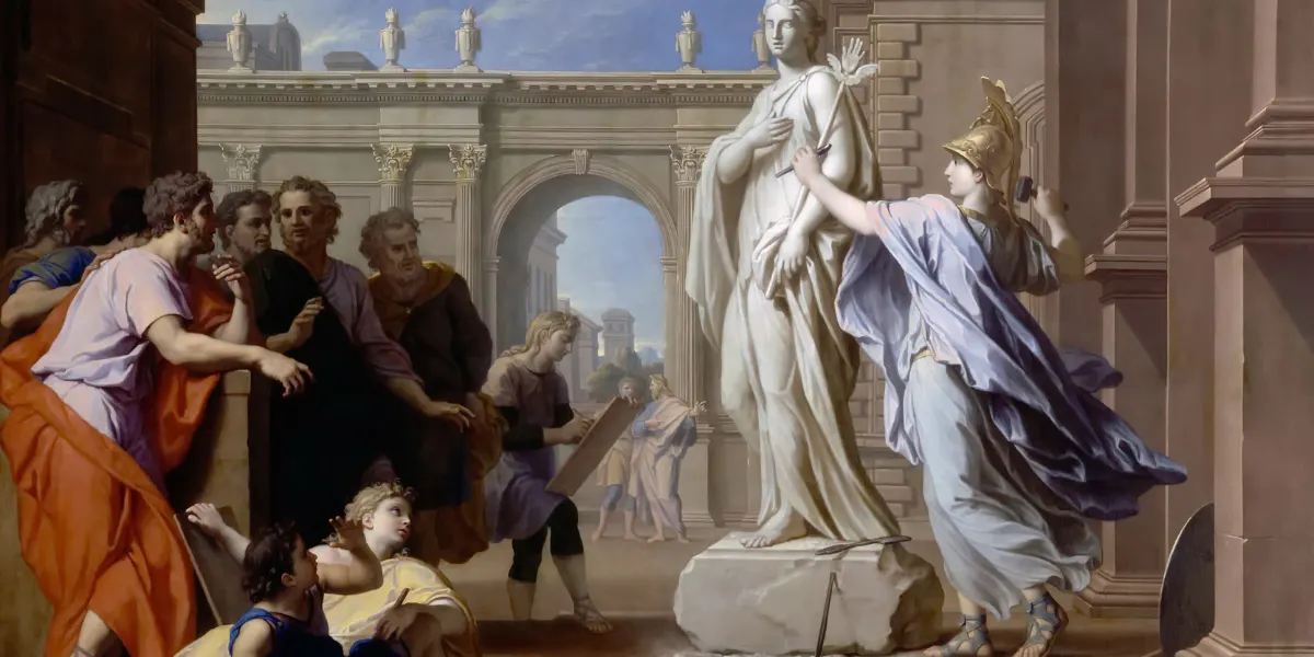 René-Antoine Houasse (1645–1710), Minerva lehrt die Leute von Rhodos die Kunst des Bildhauens, 1688/89, Öl/Lwd., 130 x 206 cm, Grand Trianon, Versailles. Foto gemeinfrei (Detail)