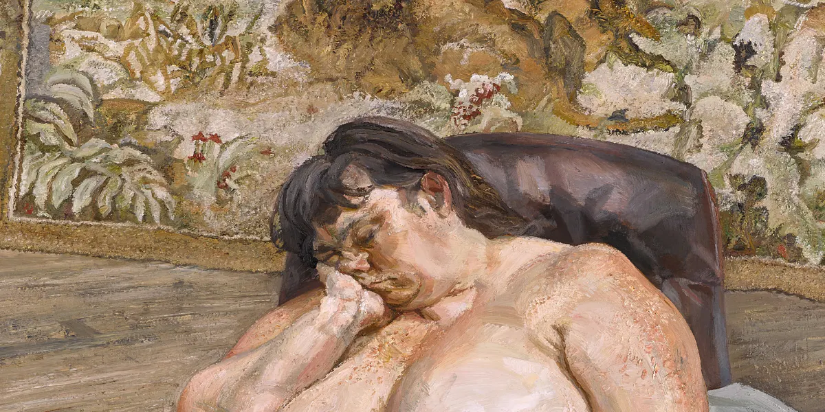 Lucian Freud (1922-2011), Sleeping by the Lion Carpet, 1995-96, oil on canvas, 228 x 120.6 cm. Photo © Sotheby's (detail)