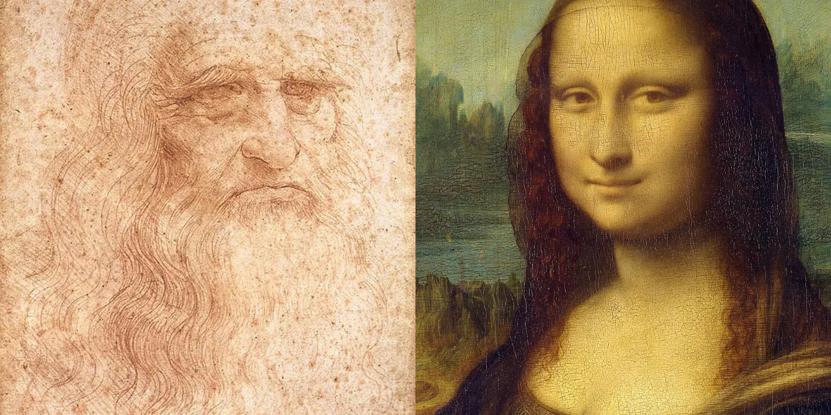 Links: Angebliches Selbstbildnis Leonardo da Vincis, um 1512, Rötel auf Karton, 33 x 22 cm, Biblioteca Reale, Turin. Foto gemeinfrei (Detail). Rechts: Leonardo da Vinci (1452-1519), Mona Lisa
(La Gioconda), 1503-06, Öl auf Pappelholz, 77 x 53 cm, Musée du Louvre, Paris. Foto gemeinfrei (Detail)