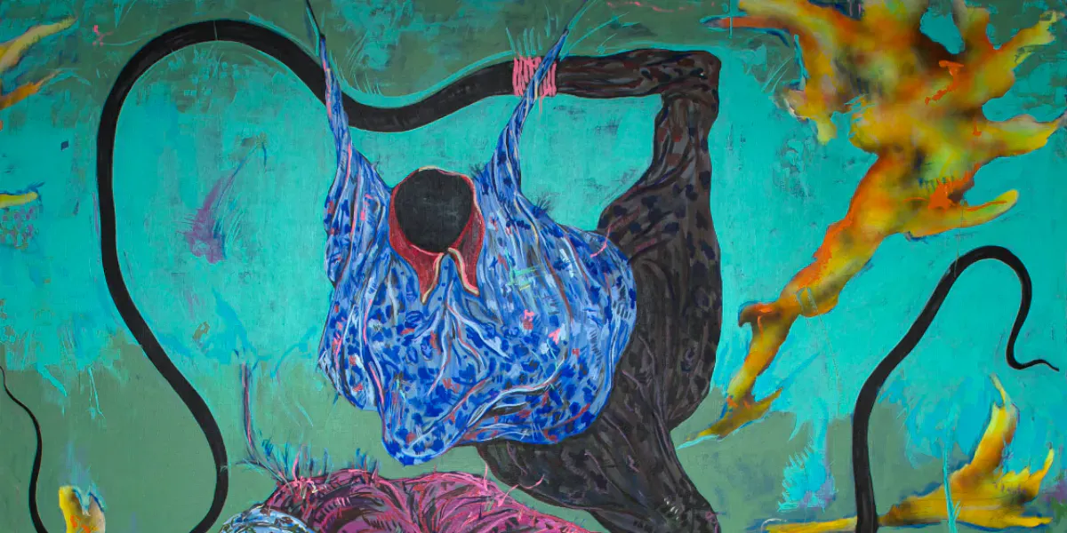 Simphiwe Ndzube, Sud-Africaine 1990-, Night Birds in Tango, acrylique et techniques mixtes sur toile, 216 x 201 x 4,5 cm, non encadré. Photo © Strauss & Co
