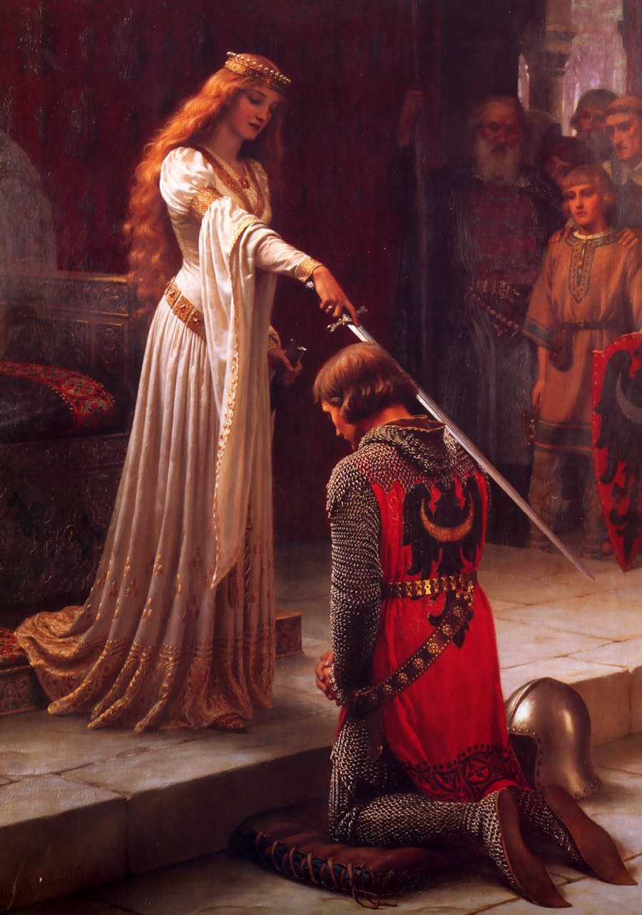 Edmund Blair-Leighton, The Accolade, 1901, olio su tela, 182.3 x 108 cm, Collezione privata. Immagine di dominio pubblico.