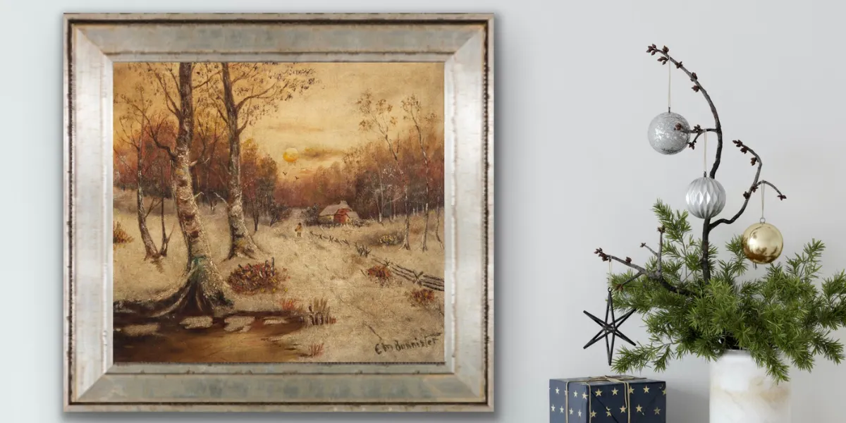 In room. Edward Mitchell Bannister. Autumn Landscape, oil on board, signed "EM Bannister" lr, sheet size: 11 x 12 in., unframed. Image © Alex Cooper Auctioneers (detail)