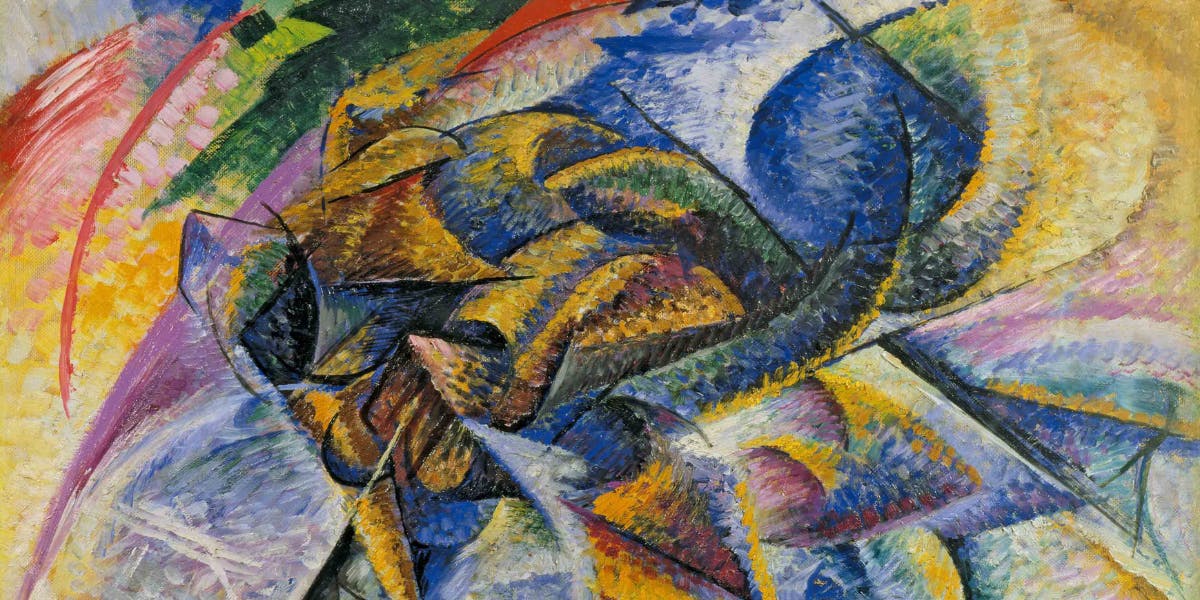 Umberto Boccioni (1882–1916), Dynamism of a Cyclist, 1913, oil on canvas. Gianni Mattioli Collection, on long-term loan to the Peggy Guggenheim Collection, Venice. Photo in the public domain