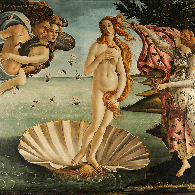 Sandro Botticelli, Nascita di Venere (dettaglio), 1485, tempera su tela, 172.5 × 278.5 cm, Galleria Degli Uffizi, Firenze. Immagine di dominio pubblico.