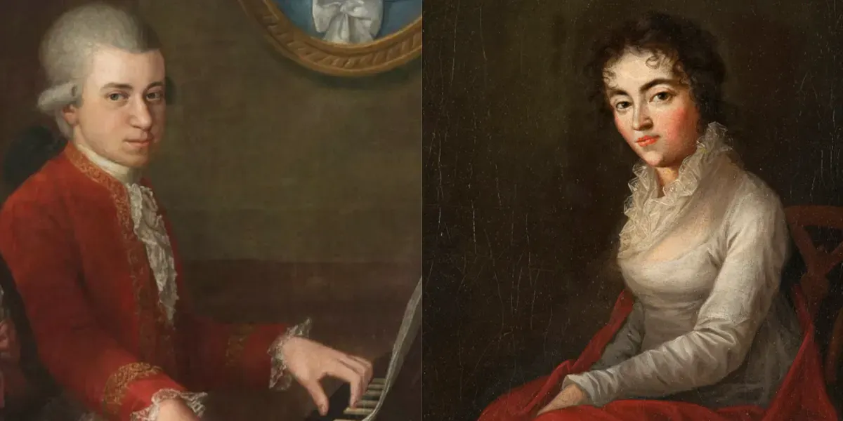 A sinistra: Wolfgang Amadeus Mozart, particolare del ritratto della famiglia Mozart di Johann Nepomuk della Croce, 1781. Immagine di pubblico dominio (dettaglio). A destra: Constanze Mozart, ritratta dal cognato Joseph Lange, 1782 (?). Immagine di pubblico dominio (dettaglio)